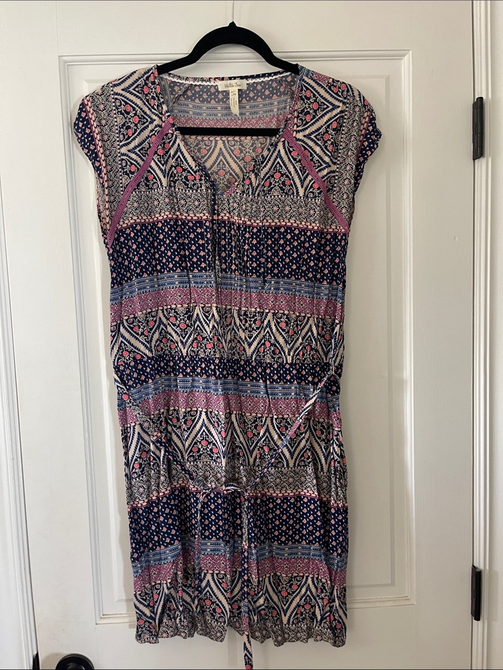 Matilda Jane Casual Navy and Pink Printed Cap-Sleeve Dress